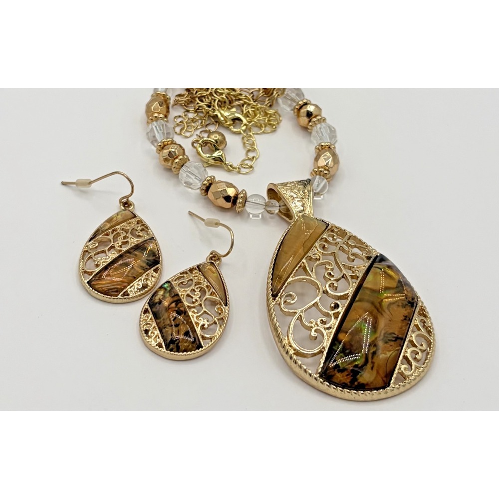 Kenneth Cole KC Gold Tone Filigree Faux Abalone Teardrop Necklace Earring Set